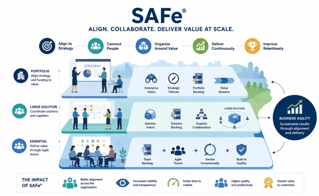 SAFe framework infographic showing Portfolio, Large Solution, and Essential levels for achieving business agility.