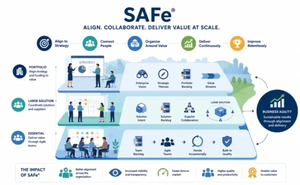 SAFe framework infographic showing Portfolio, Large Solution, and Essential levels for achieving business agility.