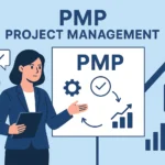 Project manager presenting PMP Project Management concepts with charts and performance metrics in a modern flat-style illustration.