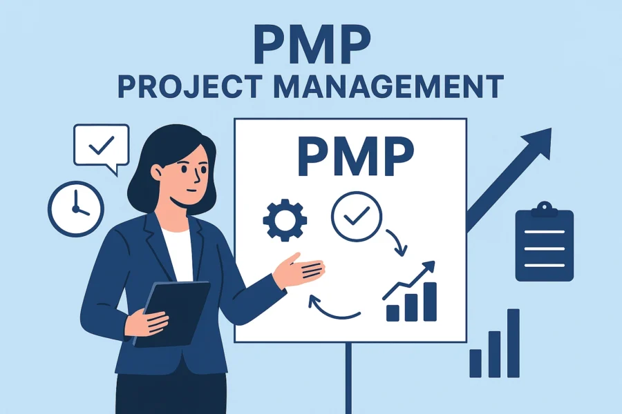 Project manager presenting PMP Project Management concepts with charts and performance metrics in a modern flat-style illustration.