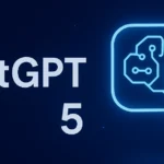 ChatGPT 5 logo illustration with a glowing AI brain in a chat bubble on a blue futuristic background