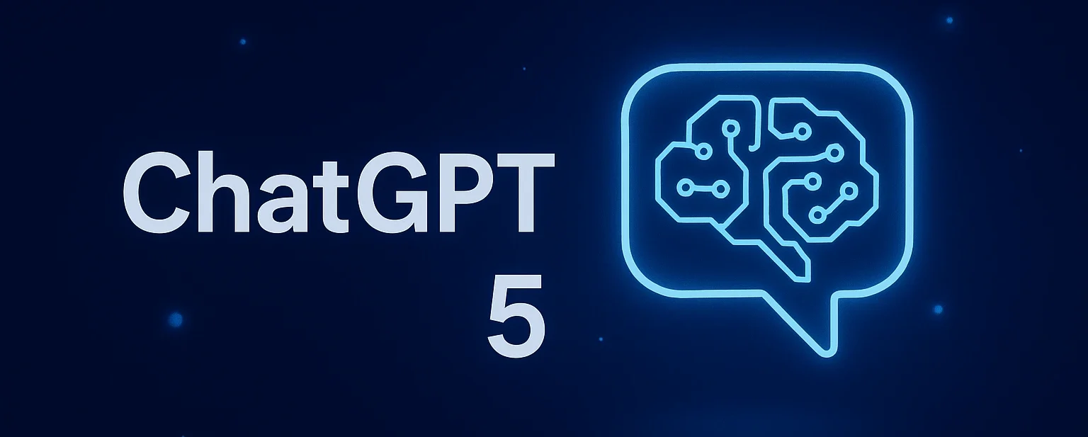ChatGPT 5 logo illustration with a glowing AI brain in a chat bubble on a blue futuristic background