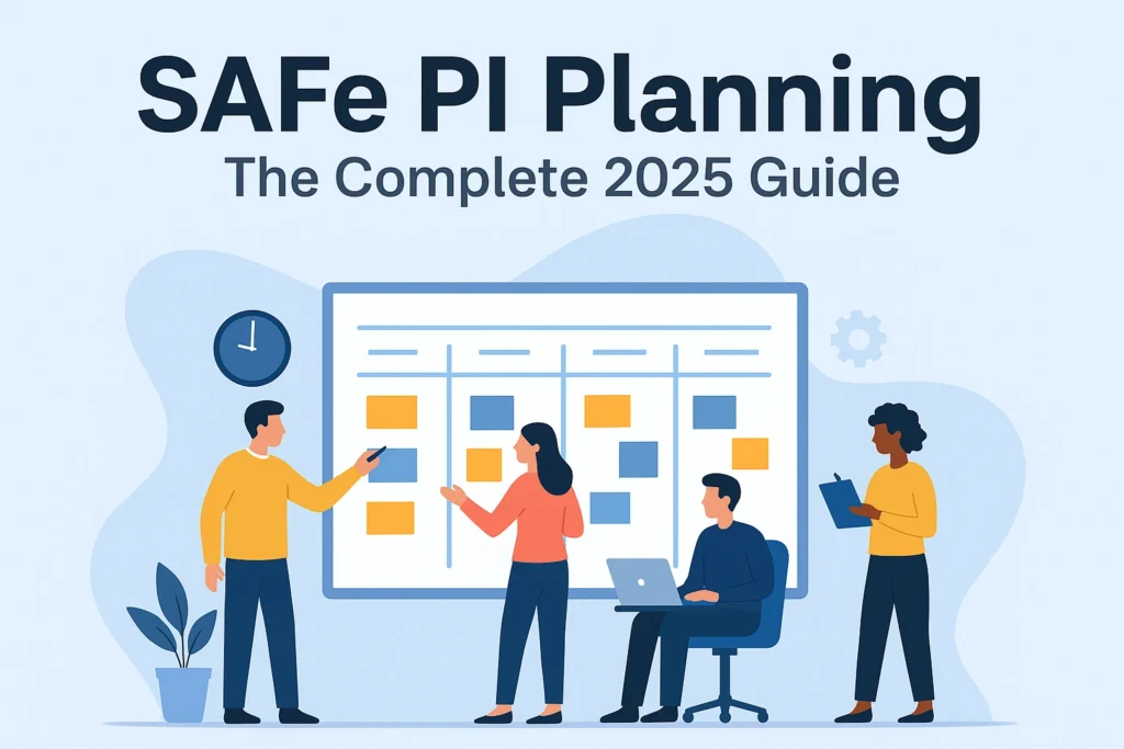 Team collaborating on SAFe PI Planning with a Kanban board — illustration for “SAFe PI Planning: The Complete 2025 Guide.”