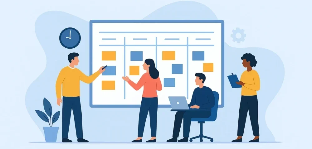 Team collaborating on SAFe PI Planning with a Kanban board — illustration for “SAFe PI Planning: The Complete 2025 Guide.”
