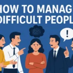 Illustration showing professionals managing workplace conflict, representing strategies on how to manage difficult people effectively.