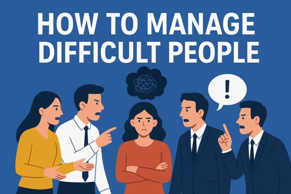Illustration showing professionals managing workplace conflict, representing strategies on how to manage difficult people effectively.