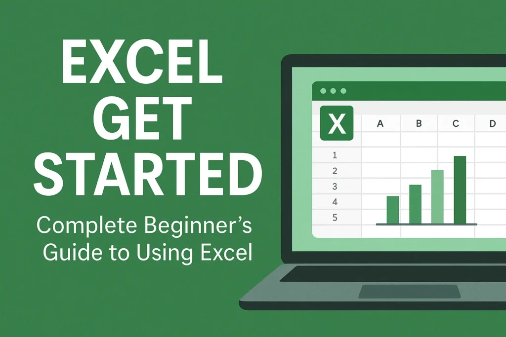 Illustration of a laptop showing an Excel spreadsheet and bar chart with the text ‘Excel Get Started – Complete Beginner’s Guide.’
