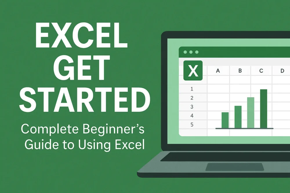 Illustration of a laptop showing an Excel spreadsheet and bar chart with the text ‘Excel Get Started – Complete Beginner’s Guide.’