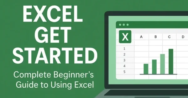 Illustration of a laptop showing an Excel spreadsheet and bar chart with the text ‘Excel Get Started – Complete Beginner’s Guide.’