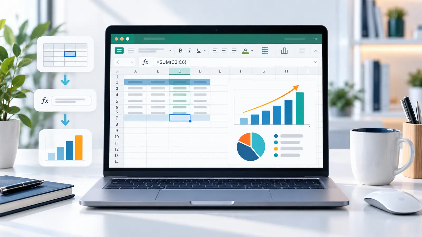 Excel for beginners step-by-step guide with spreadsheet, formula and charts
