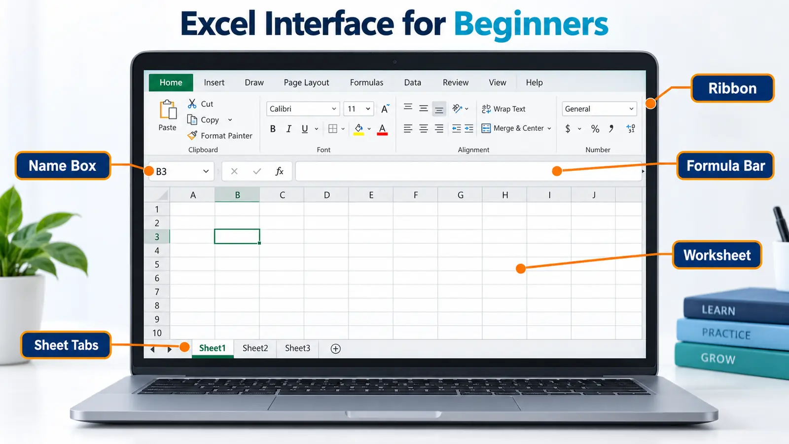Excel interface for beginners showing ribbon, formula bar, worksheet and sheet tabs