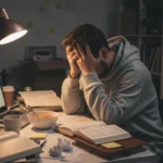 Person experiencing burnout at a cluttered work desk, head in hands, showing exhaustion and stress