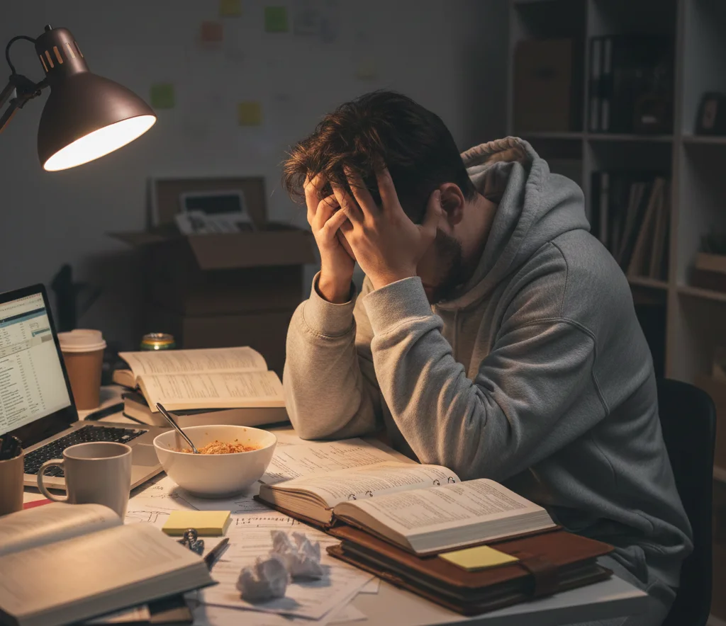 Person experiencing burnout at a cluttered work desk, head in hands, showing exhaustion and stress