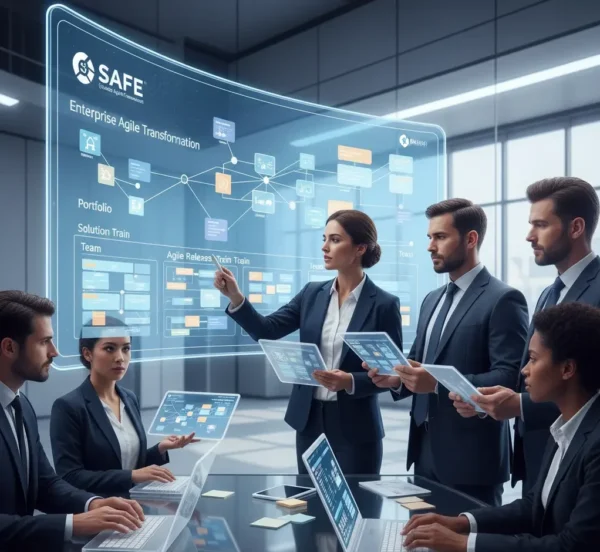 Agility SAFe business team planning with digital boards in modern agile workspace