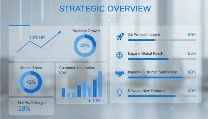 Illustration comparing KPIs and OKRs using business dashboards and performance metrics charts.
