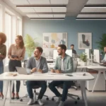 ALT: Employees collaborating in a modern office, representing a positive and productive employee experience.