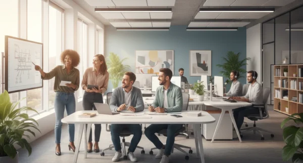 ALT: Employees collaborating in a modern office, representing a positive and productive employee experience.