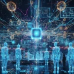 Concept visualization of Agentic AI showing interconnected autonomous intelligent agents forming a digital neural network.