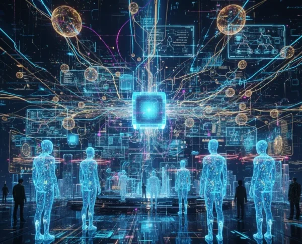 Concept visualization of Agentic AI showing interconnected autonomous intelligent agents forming a digital neural network.