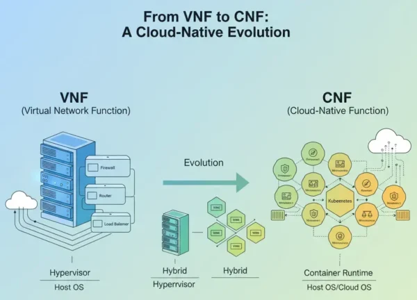 Illustration showing the evolution from VNF (Virtual Network Function) to CNF (Cloud-Native Network Function) in telecom networks, highlighting virtualization, containers, and cloud-native transformation.
