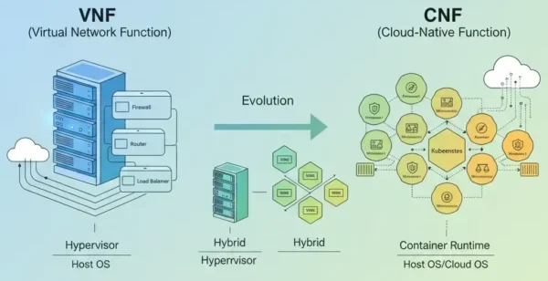 Illustration showing the evolution from VNF (Virtual Network Function) to CNF (Cloud-Native Network Function) in telecom networks, highlighting virtualization, containers, and cloud-native transformation.