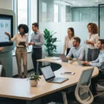 Diverse employees in a modern office collaborating and promoting workplace wellness and mental health.