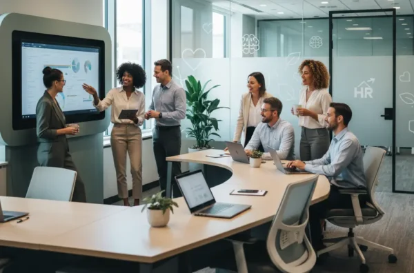 Diverse employees in a modern office collaborating and promoting workplace wellness and mental health.
