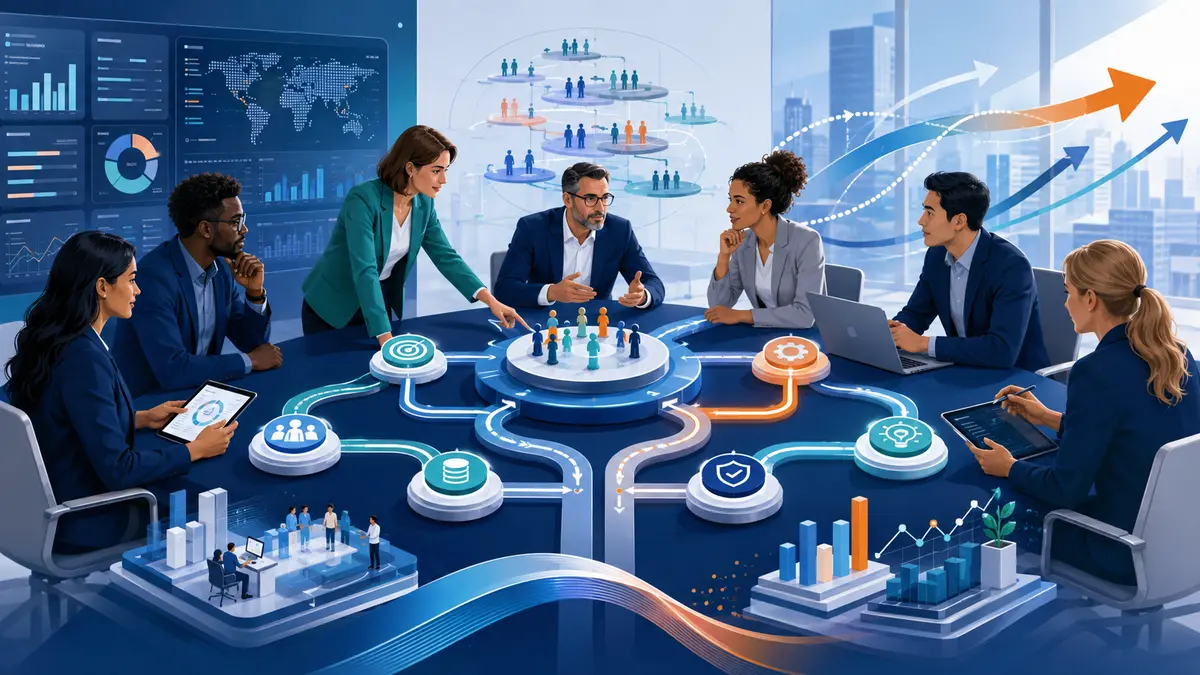 Business agility illustration showing a cross-functional team connecting strategy, technology, governance and continuous learning