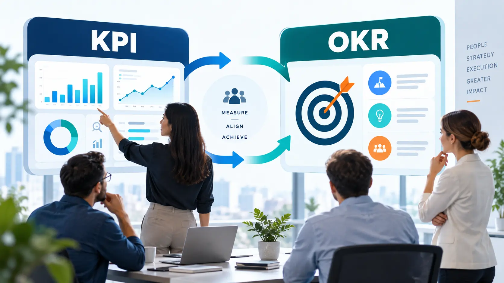 KPI vs OKR comparison showing performance measurement, alignment and outcome-focused goals