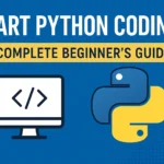 Illustration of a laptop displaying Python code, with Python logo and icons representing coding, projects, and tutorials for beginners.