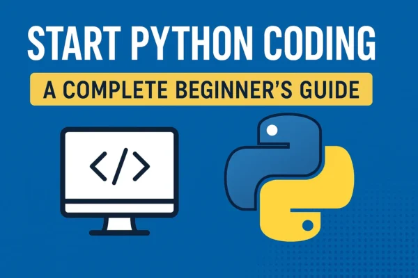 Illustration of a laptop displaying Python code, with Python logo and icons representing coding, projects, and tutorials for beginners.