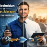 Technician transitioning to IT project manager showing split role between server room work and office leadership environment