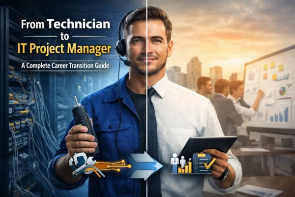 Technician transitioning to IT project manager showing split role between server room work and office leadership environment