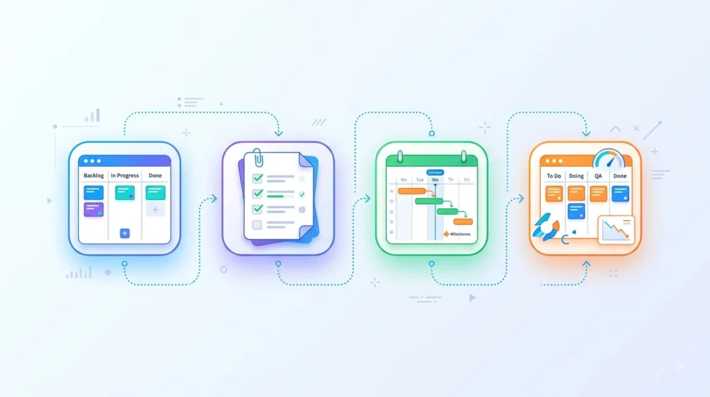 Comparison graphic showing four project management tool icons — Asana, monday.com, ClickUp, and Jira — connected by workflow lines