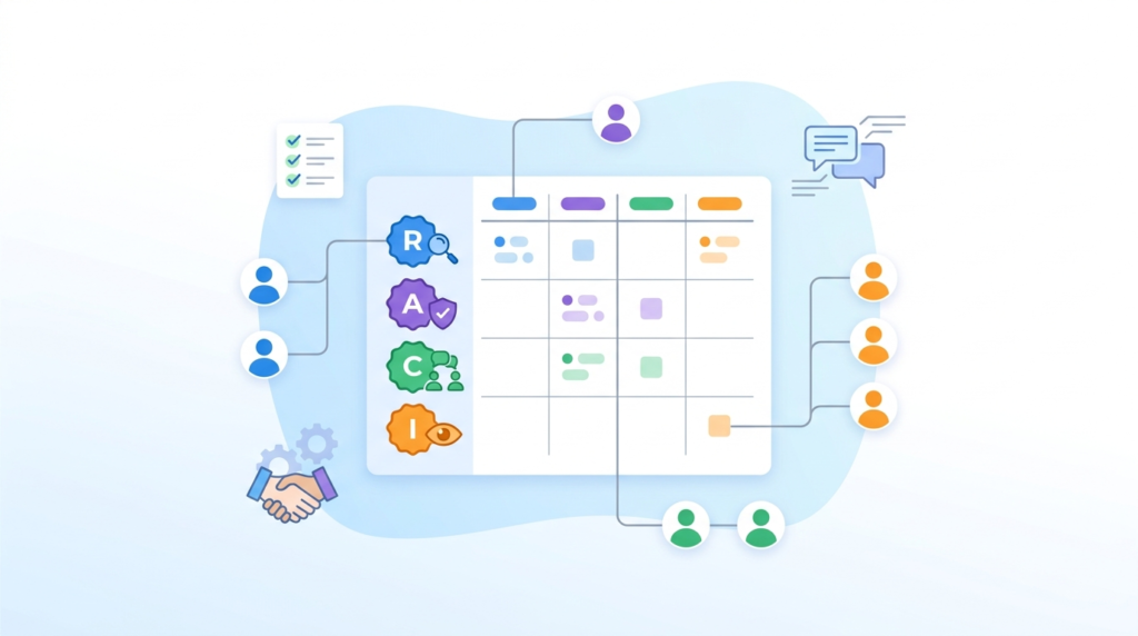 Illustration of a RACI matrix showing Responsible, Accountable, Consulted, and Informed roles connected to team members
