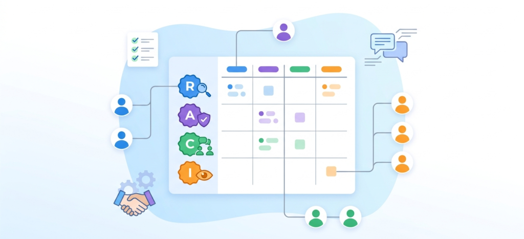 Illustration of a RACI matrix showing Responsible, Accountable, Consulted, and Informed roles connected to team members
