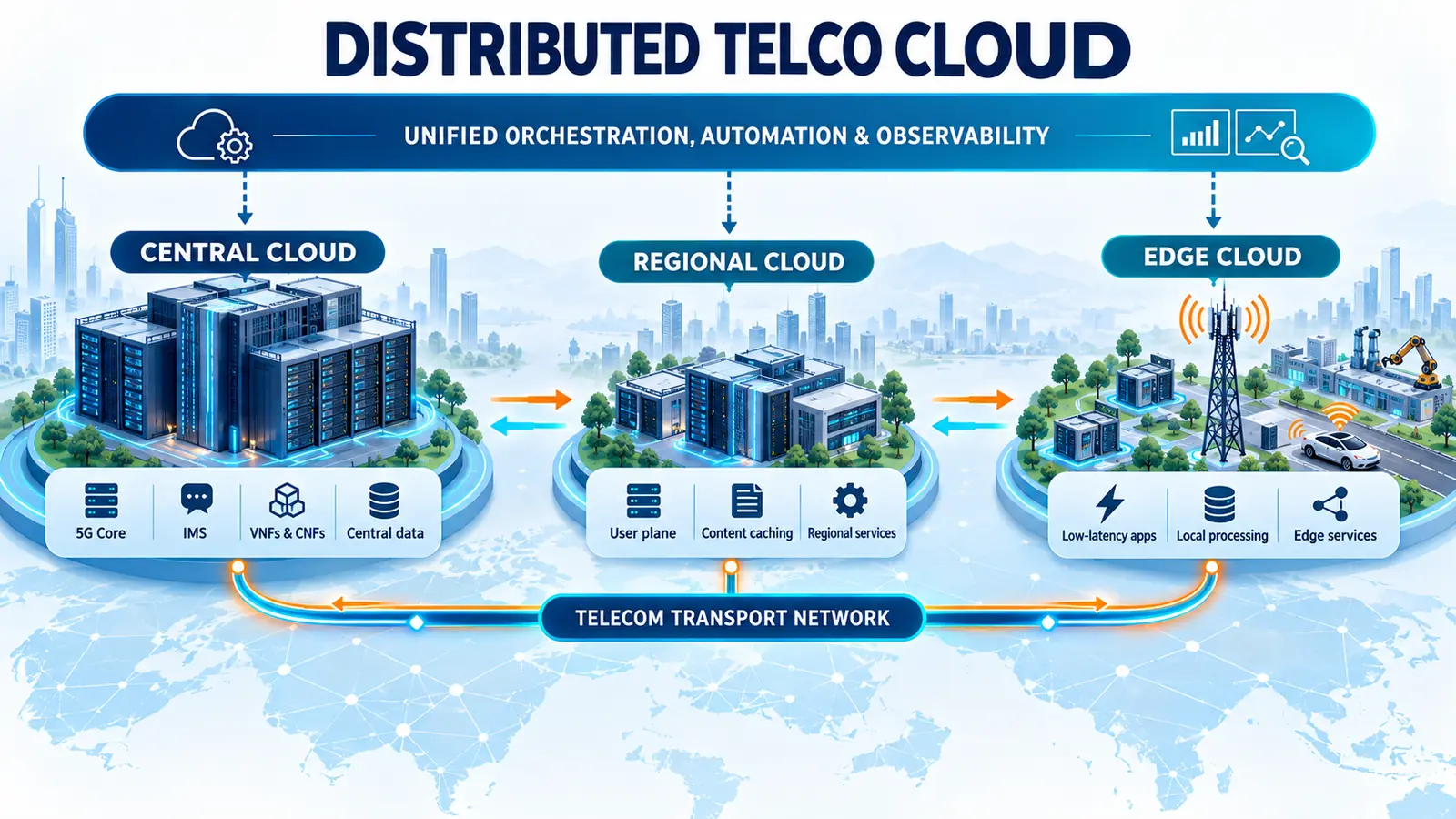 Distributed Telco Cloud architecture across central cloud, regional cloud and edge cloud locations