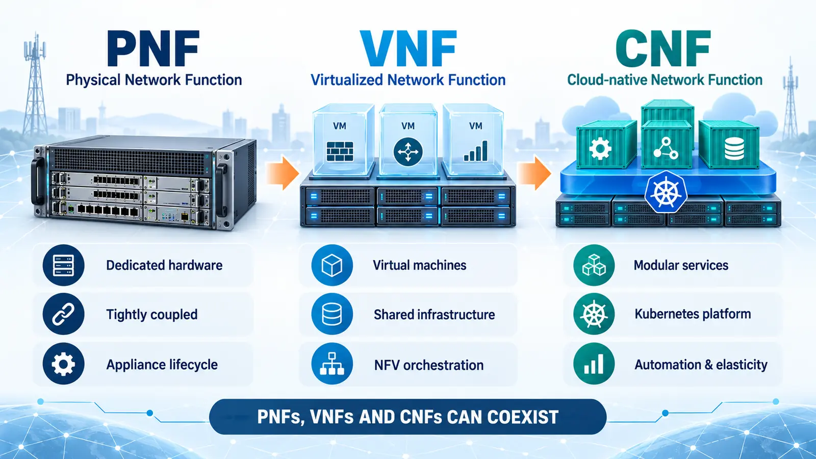 PNF vs VNF vs CNF evolution from dedicated hardware to virtualized and cloud-native network functions