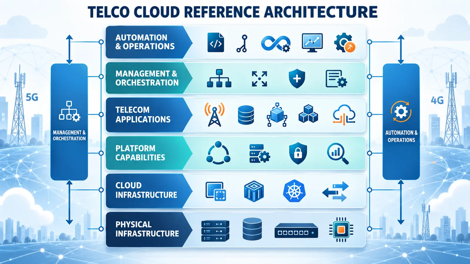 Telco Cloud reference architecture showing infrastructure, platform, network applications, orchestration and automation layers