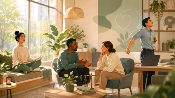 Illustration of diverse professionals in a calm workspace supporting each other's wellbeing, with soft lighting and symbols of balance and care