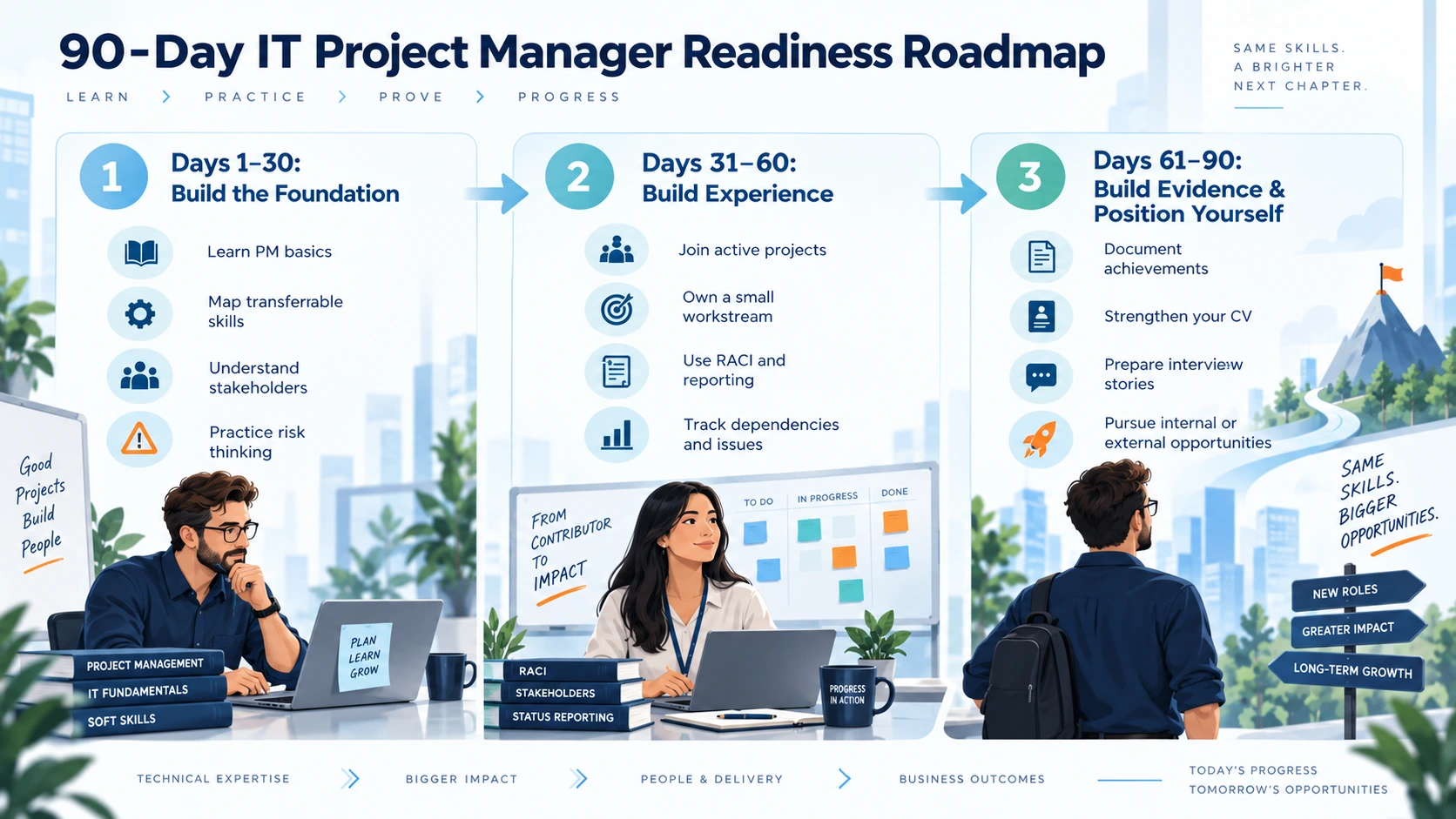 90-day IT project manager readiness roadmap covering foundation, experience, evidence and career positioning