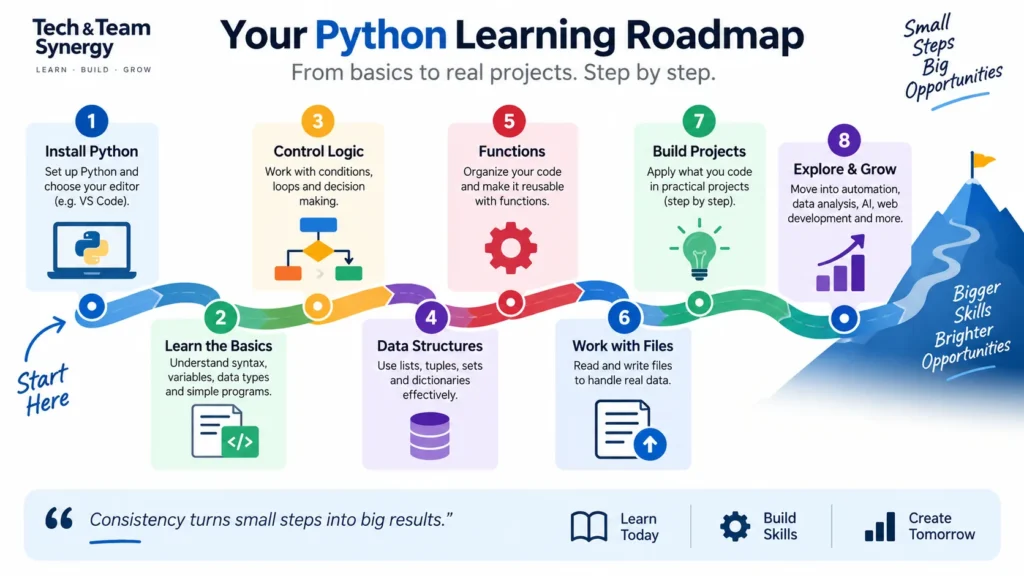 Python learning roadmap from installation and basics to projects and advanced skills