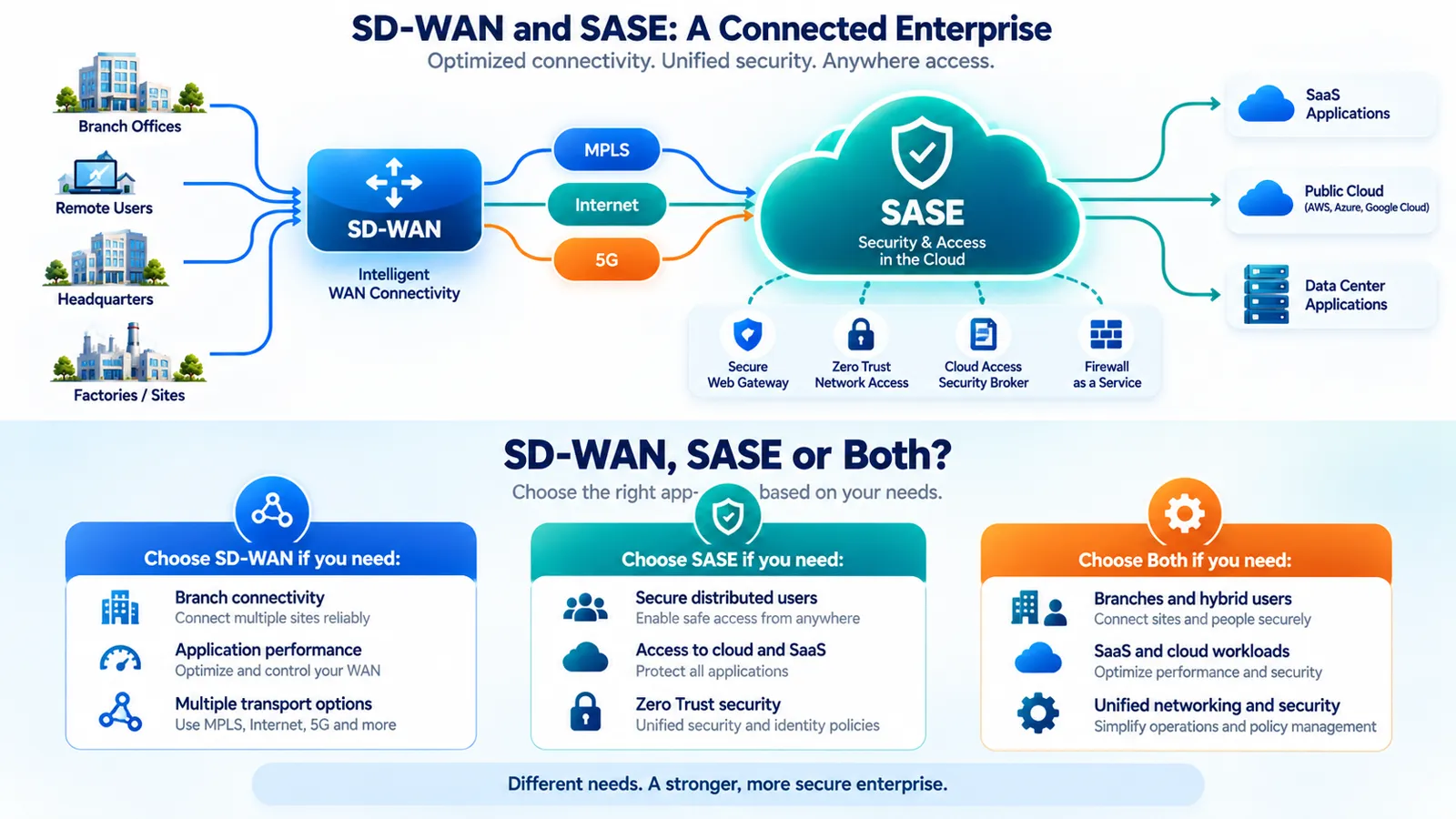 Decision framework showing when to choose SD-WAN, SASE or both based on branch connectivity, distributed users, cloud applications and security requirements