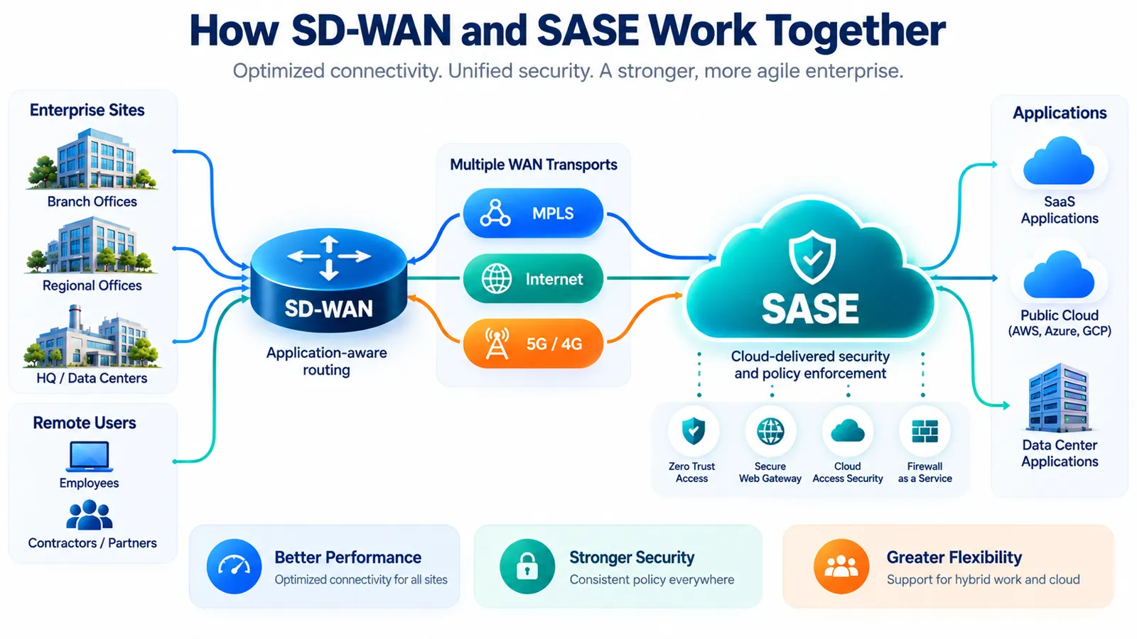 SD-WAN and SASE architecture showing branch connectivity, SD-WAN edge, SASE enforcement, security services and access to cloud and data center applications