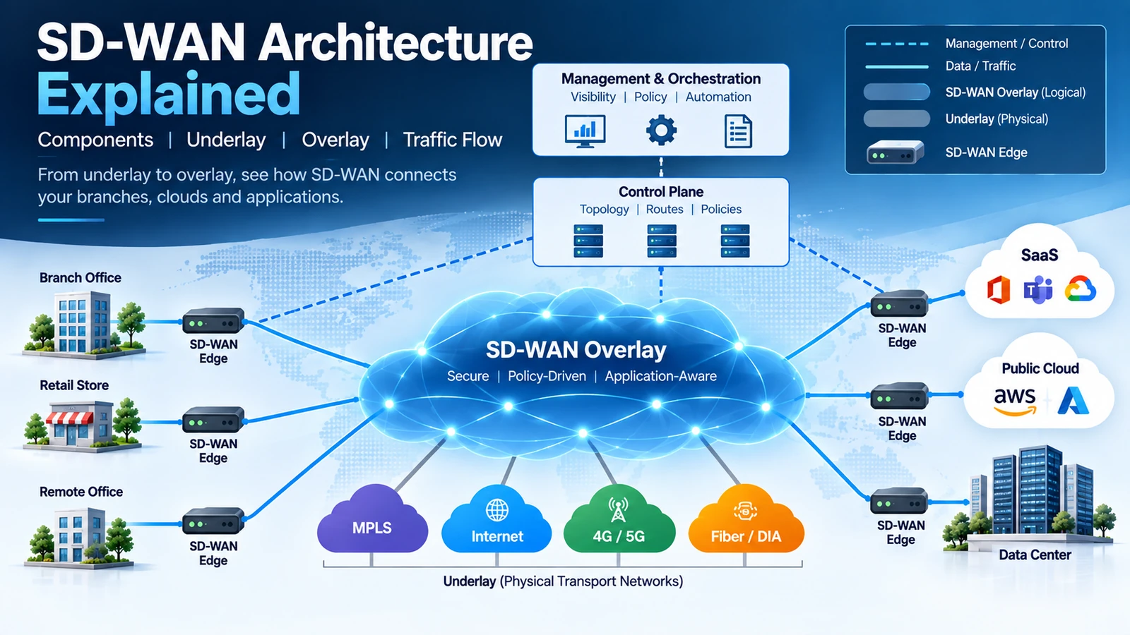 SD-WAN architecture diagram showing management, control plane, SD-WAN edges, overlay and underlay networks