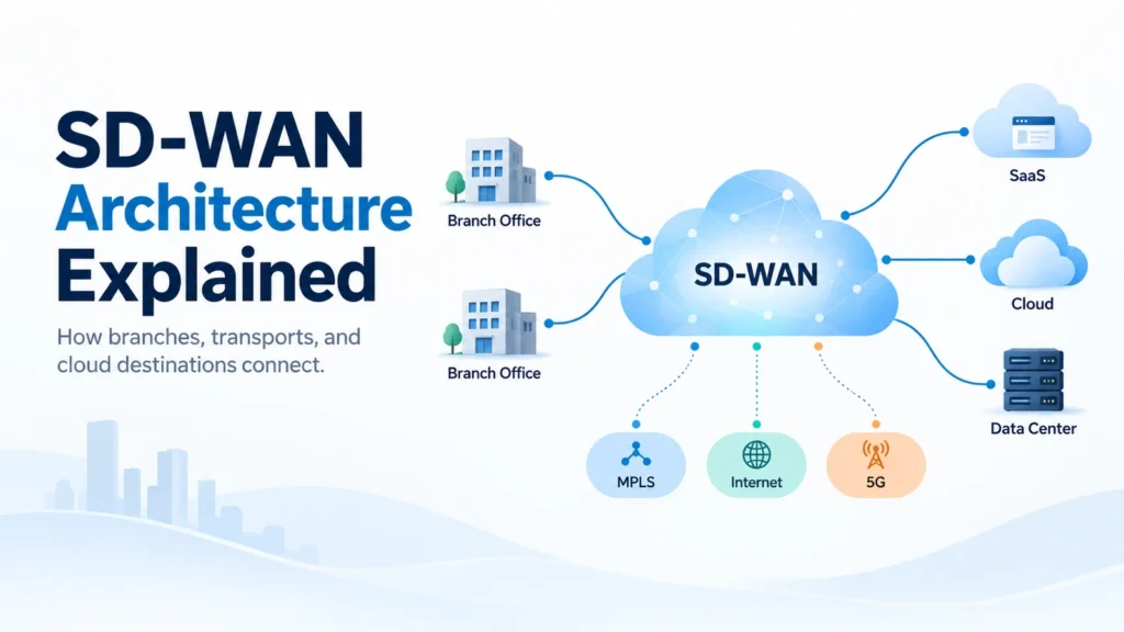 SD-WAN architecture connecting branch offices to SaaS, cloud and data centers over multiple WAN transports
