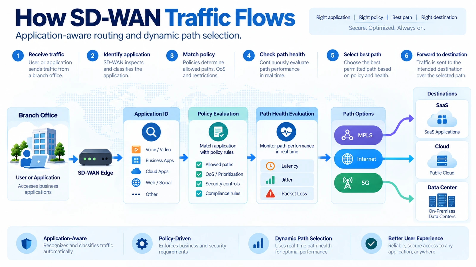 How SD-WAN traffic flows using application identification, policy and dynamic path selection