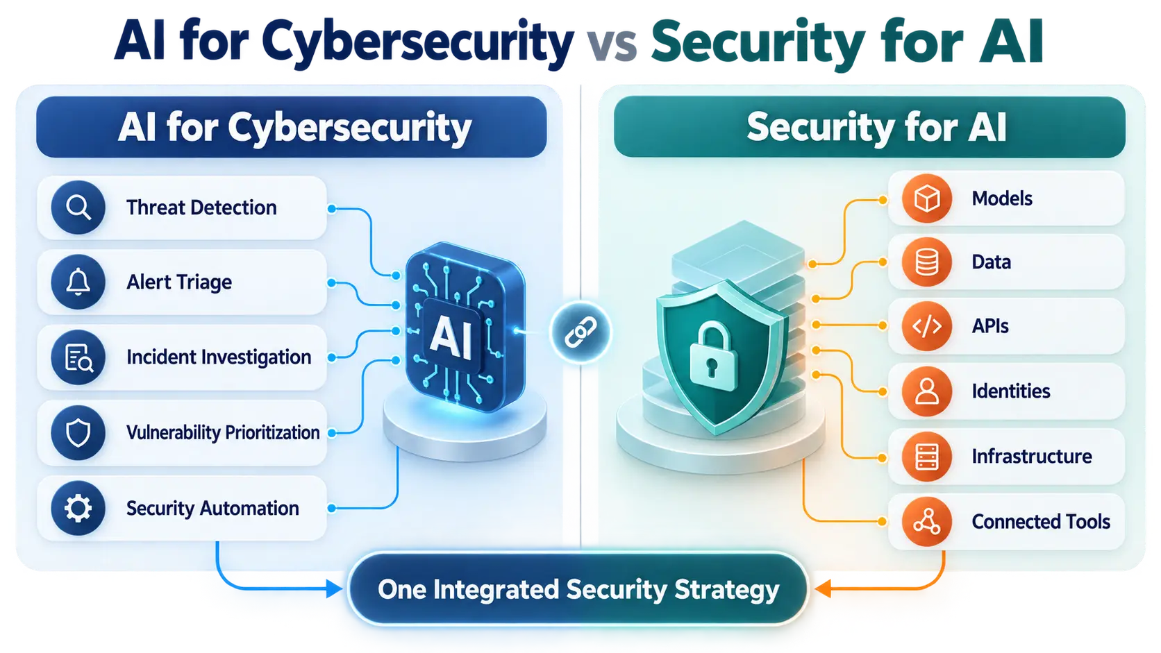 Comparison of AI for cybersecurity use cases and the controls required to secure AI models, data, APIs, identities and infrastructure