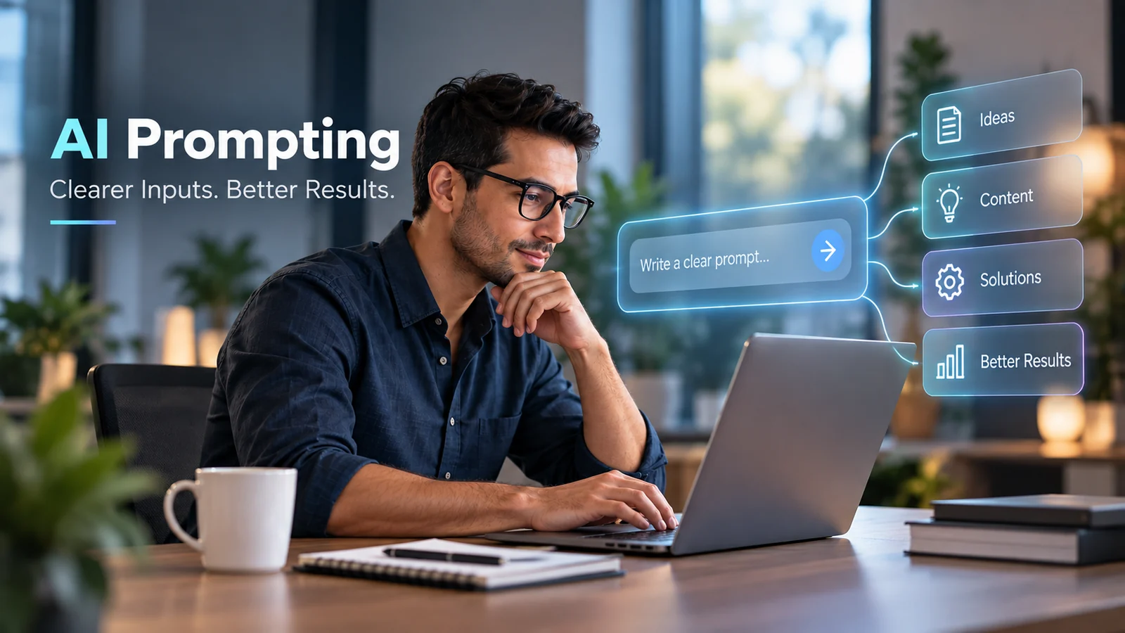 AI prompting guide showing a professional using clear prompts to generate better AI results