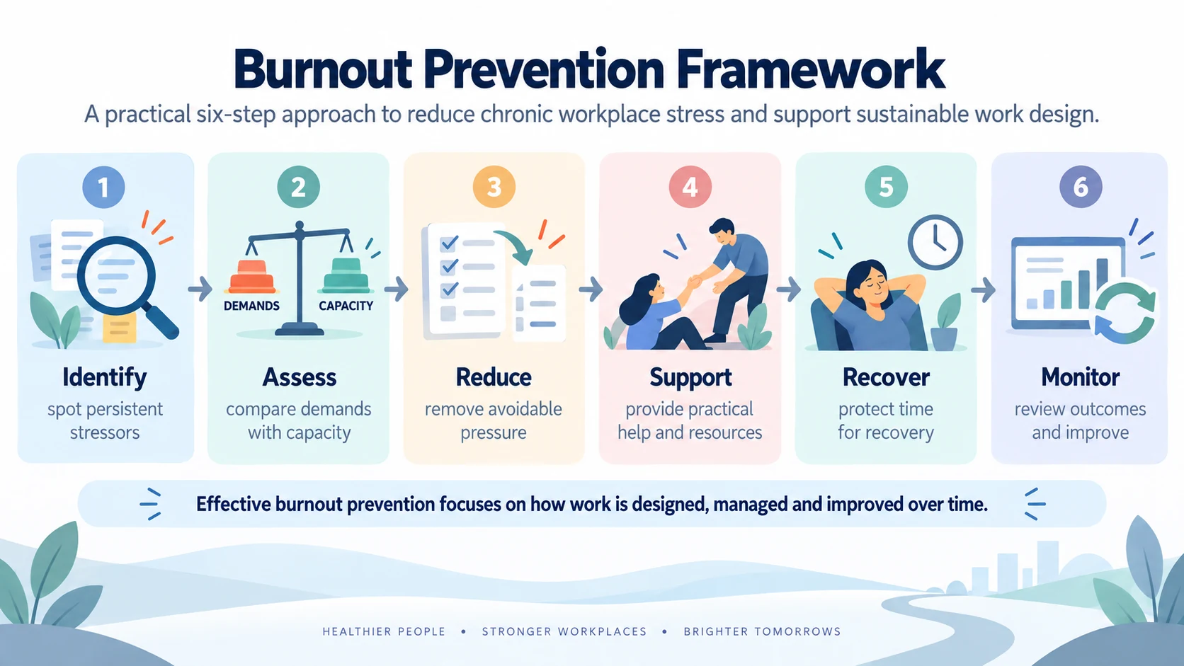 Six-step workplace burnout prevention framework